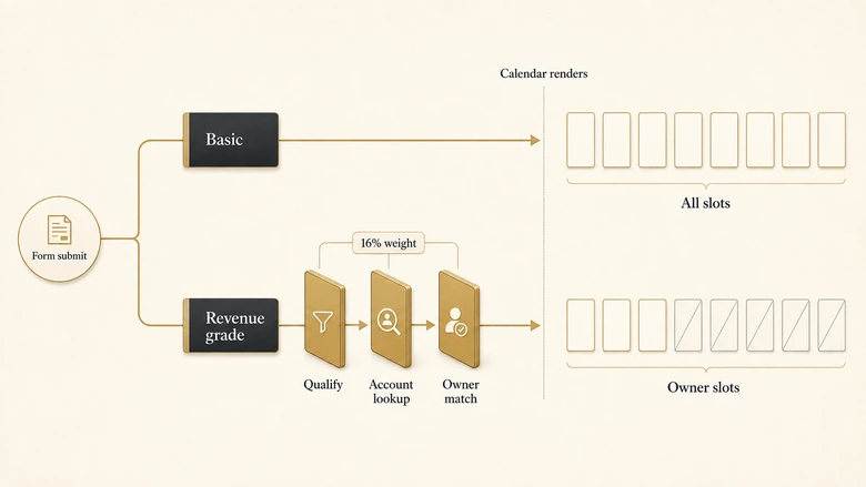 Diagram showing where qualification and CRM ownership lookup happen before a meeting scheduling tool renders available slots