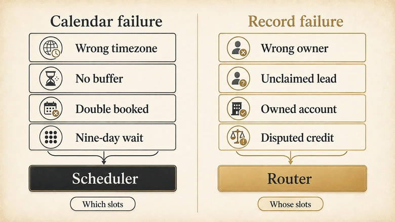 Comparison diagram of calendar failures versus record ownership failures in B2B meeting scheduling and which tool category fixes each