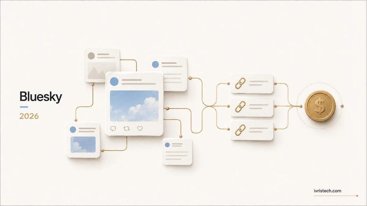 Bluesky monetization 2026 featured image showing social posts and affiliate-style links flowing toward a revenue coin.