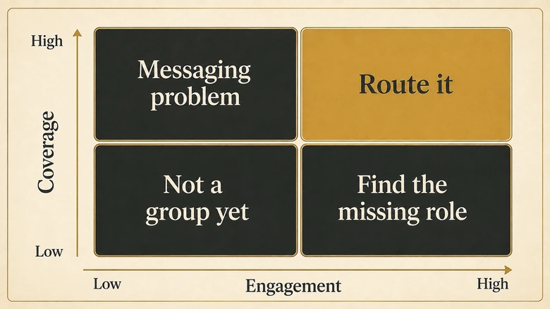 Two-by-two matrix showing buying group coverage score against engagement score with the action each quadrant requires