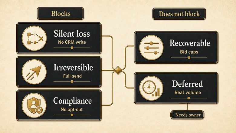 Five campaign launch finding classes: silent loss, irreversible and compliance block; recoverable and deferred do not