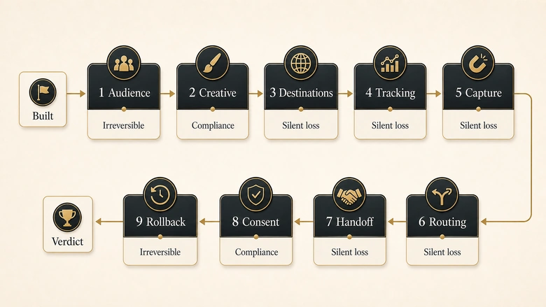 Nine-domain campaign go/no-go checklist mapped across the launch lifecycle, from audience to rollback