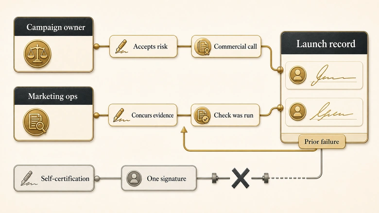 Sign-off chain diagram separating campaign owner risk acceptance from marketing ops evidence concurrence