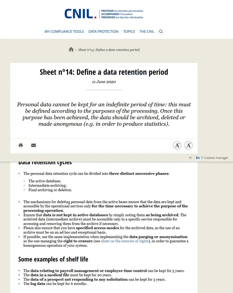 CNIL guidance page showing the three-year retention position for prospect data under GDPR