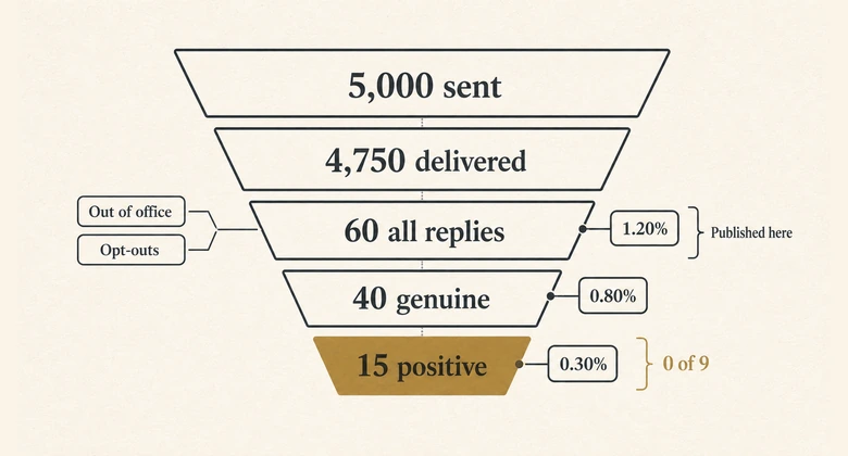 Cold email funnel from emails sent through delivered and total replies down to genuine and positive replies