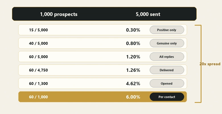 One cold email campaign producing six different reply rates from 0.30 to 6.00 percent under six formulas