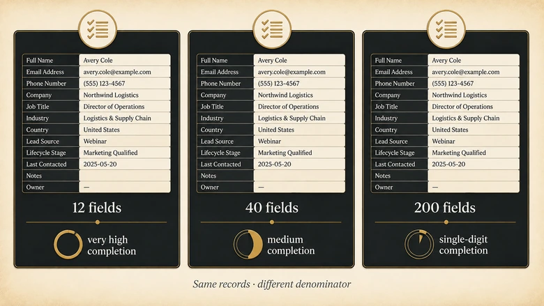 Diagram showing how the same CRM contact records produce field completion rates from single digits to 94% depending on the required-field register