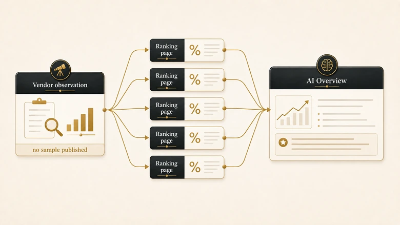 Diagram tracing how one vendor-published CRM data quality benchmark propagates across ranking pages and into an AI Overview citation