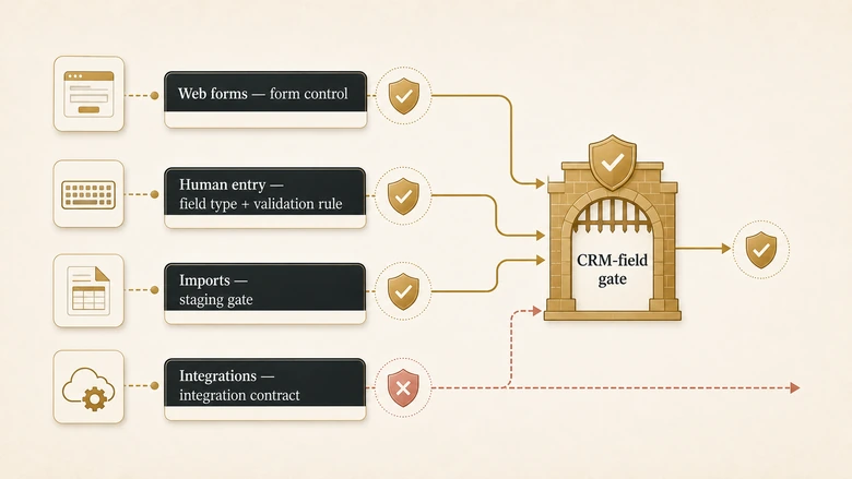 Diagram of the four CRM data entry points - forms, human entry, imports and integrations - each with its enforcement mechanism for data standardization