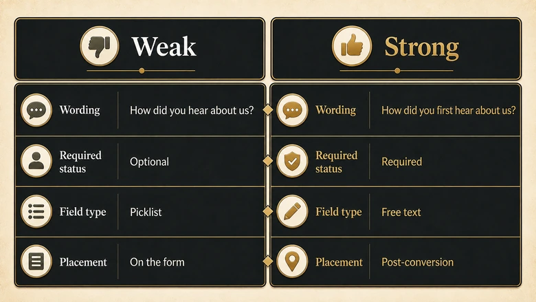 Side by side comparison of a weak and a strong self-reported attribution question showing wording, required status, field type and placement differences