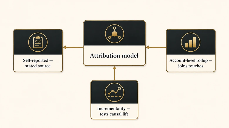 Diagram of the three-layer dark funnel measurement system showing self-reported attribution, account-level rollup and incrementality testing arranged around a central attribution model