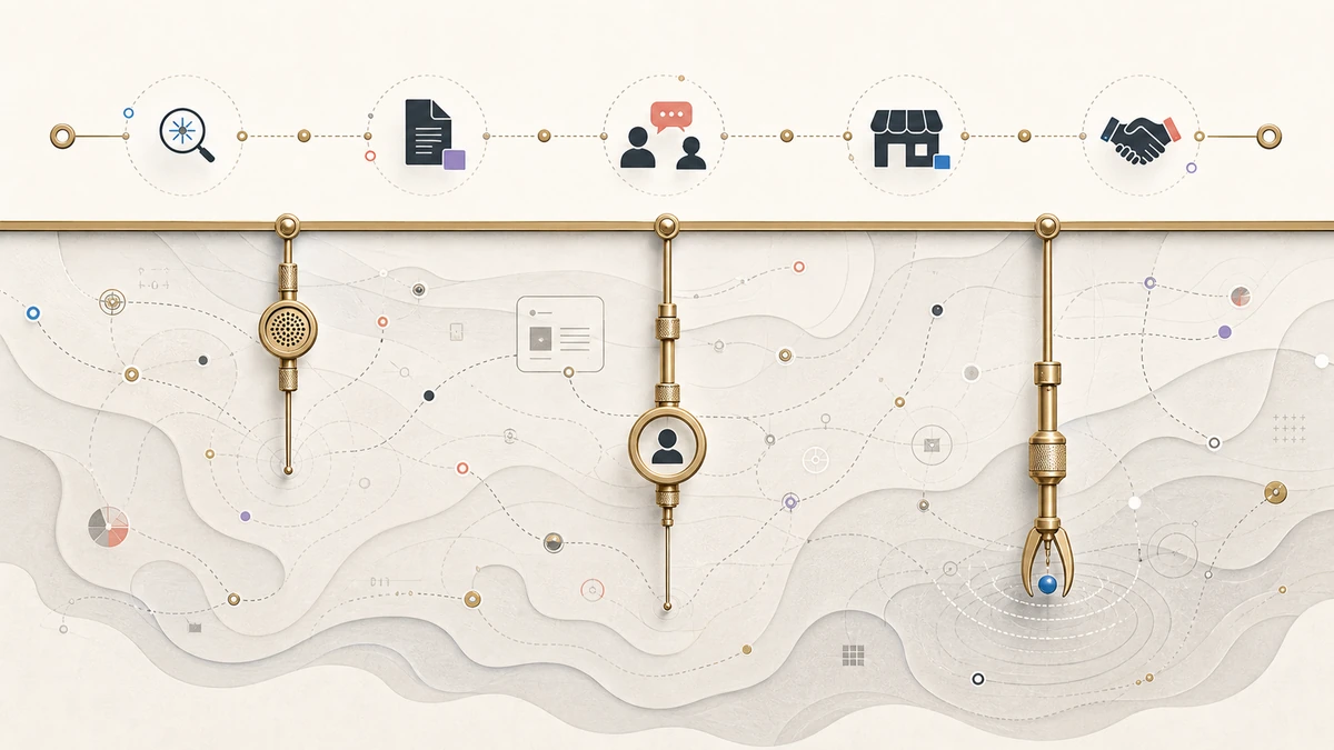 Cross-section illustration of a B2B buying journey showing a thin tracked layer above a large untracked dark funnel with three measurement probes