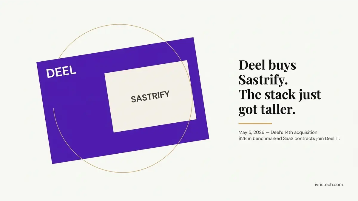 Geometric editorial illustration of two interlocking rectangles representing Deel's May 5 absorption of SaaS-procurement Sastrify.