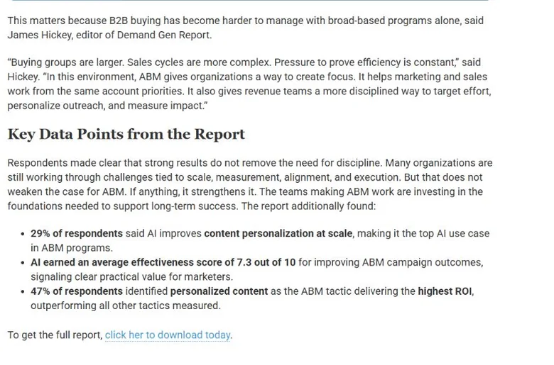 Demand Gen Report 2026 ABM Benchmark Survey findings page showing percentages with a gated full report