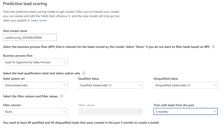 Dynamics 365 Sales predictive lead scoring setup screen showing the training window and minimum lead requirement