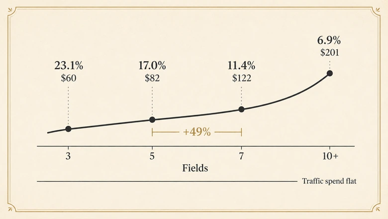 Chart showing cost per lead rising non-linearly as form fields increase from three to ten on a constant traffic budget