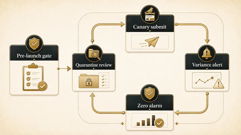 Prevention loop for form to CRM failures: scheduled canary submission, per-checkpoint variance alert, zero-record alarm, and a pre-launch gate before campaigns ship
