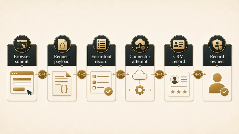 Form to CRM reconciliation checkpoint chain from browser submit event through payload, form tool log, connector log, CRM record created, and record routed