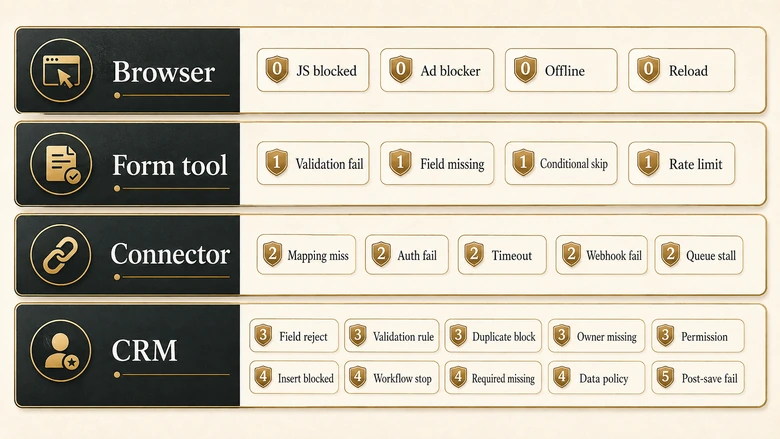 Silent form to CRM failure causes mapped to the checkpoint where each one breaks, grouped by browser, form tool, connector, and CRM layers