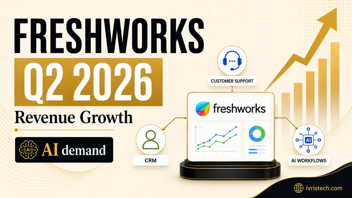 Freshworks Q2 2026 illustration showing revenue growth, enterprise AI demand, and connected CRM, customer-support, and AI-workflow systems.