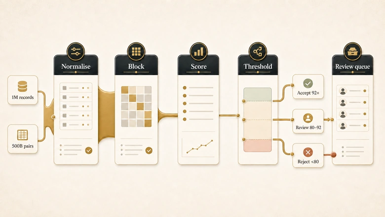 Company name matching pipeline from normalisation and blocking to scoring, thresholds and review