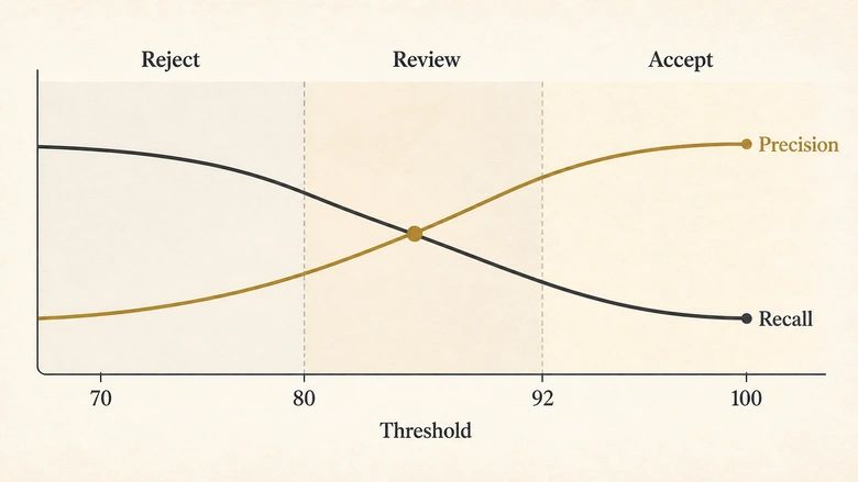 Illustrative company-name match threshold chart showing precision rising as recall falls