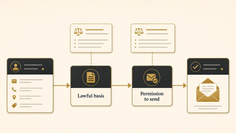 Two-gate diagram separating the GDPR lawful basis to enrich a record from the ePrivacy permission to send it a message