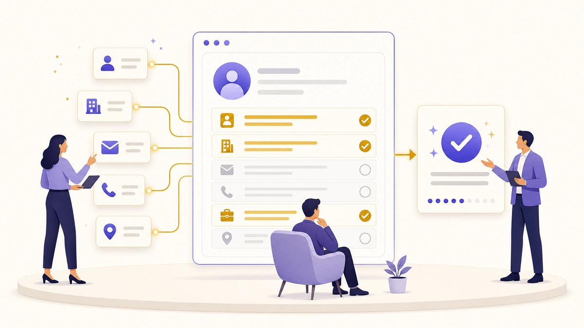 Illustration of a B2B contact record being assessed for GDPR compliance before data enrichment fields are appended