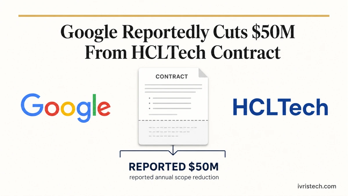 Google HCLTech contract cut featured image showing a contract between Google and HCLTech with a reported $50 million annual scope reduction.