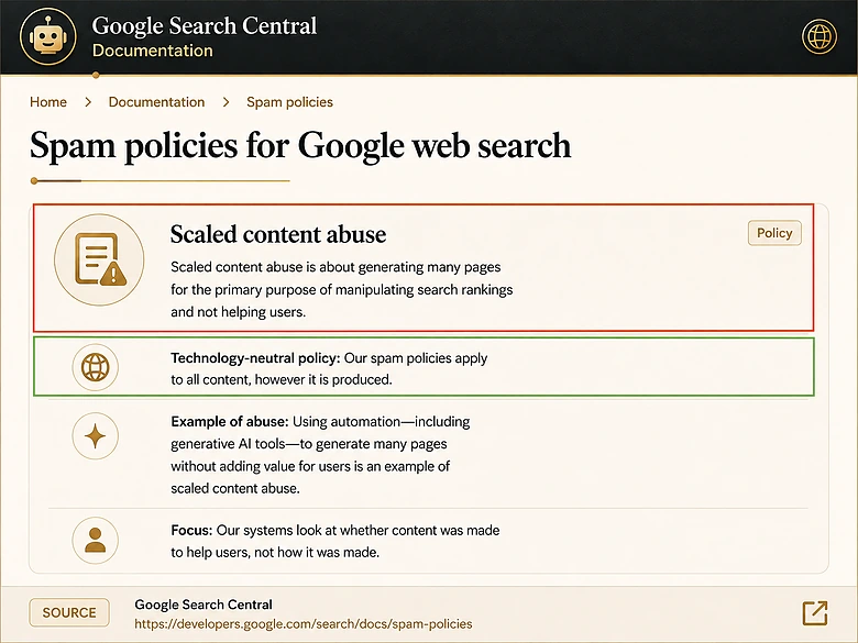 Google scaled content abuse guidance highlighting mass page generation, weak originality, low value, and ranking manipulation