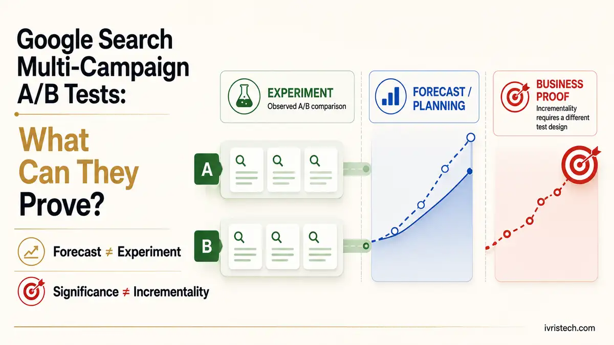 Editorial featured image for Google Search Multi-Campaign A/B Tests: What Can They Prove? showing two A/B test lanes across multiple Search campaigns, a separate forecast curve, and clear callouts that Forecast ≠ Experiment and Significance ≠ Incrementality, in a light IVRIS-style layout with muted gold accents.
