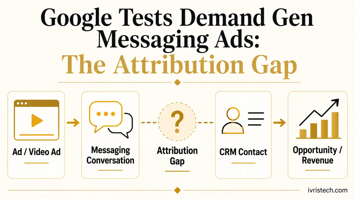 Editorial infographic showing the attribution chain from ad or video ad to messaging conversation, CRM contact, and opportunity or revenue, with a highlighted attribution gap between messaging and CRM handoff.
