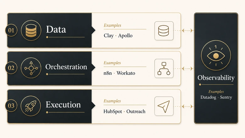Four-layer GTM engineering stack diagram showing data, orchestration, execution and observability layers with example tools