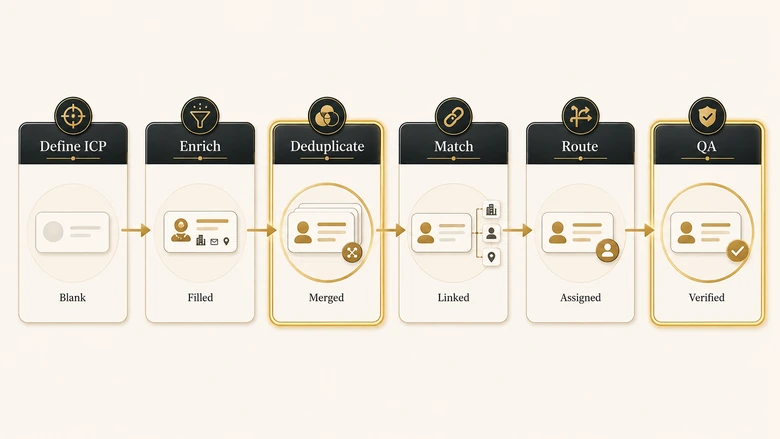 Sequential pipeline diagram of the six GTM engineering workflows from ICP definition through enrichment, dedup, matching, routing and QA
