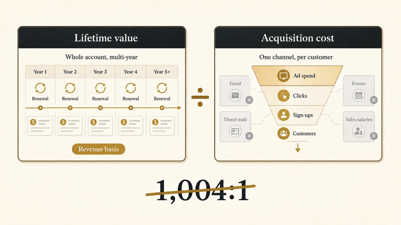 Diagram showing why published B2B lifetime value and published acquisition cost benchmarks cannot be divided into a valid ratio