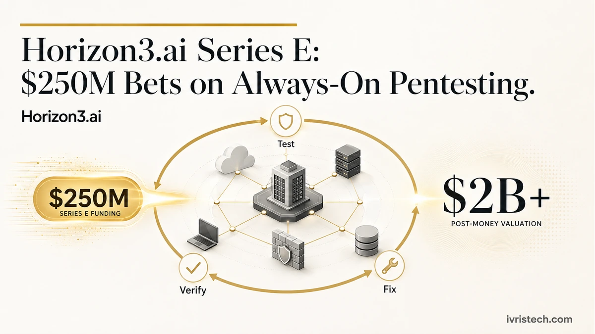 Horizon3.ai featured image showing $250 million Series E funding, a $2 billion-plus valuation, and an always-on pentesting test-verify-fix cycle.