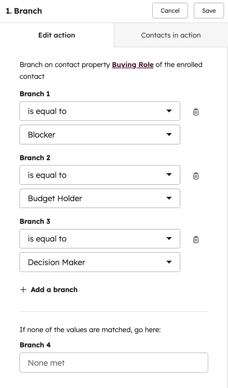 HubSpot workflow if/then branch list showing stacked branches and the None met fallback path that catches unmatched records