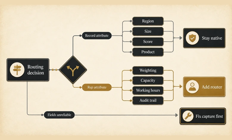 Decision tree for staying on native HubSpot routing versus adding a third-party router, split by whether routing depends on record attributes or rep attributes