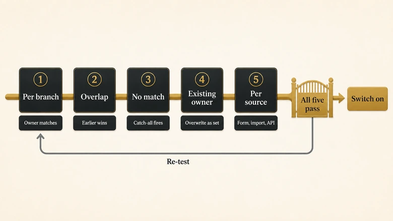 Test loop for a HubSpot lead routing workflow: one record per branch, an overlap record, a no-match record, then per-source verification