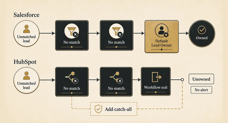 Comparison of unmatched lead handling: Salesforce sends no-match leads to a Default Lead Owner, HubSpot leaves them unowned unless you build a catch-all branch