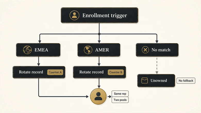 Anatomy of a HubSpot lead routing workflow: enrollment trigger, if-then branches, rotate record to owner action, and the missing fallback owner