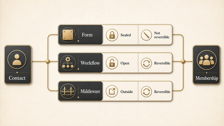 Comparison of native form, workflow and middleware paths for creating Salesforce campaign membership from HubSpot