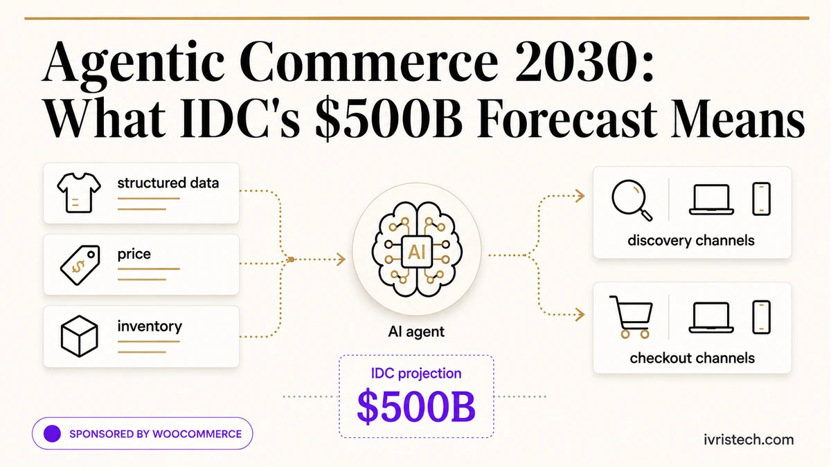 IDC agentic commerce 2030 featured image showing an AI agent connecting structured product data, price, and inventory to discovery and checkout channels, with a $500B projection.