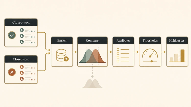 Process flow showing how to derive ideal customer profile attributes from closed-won and closed-lost account cohorts
