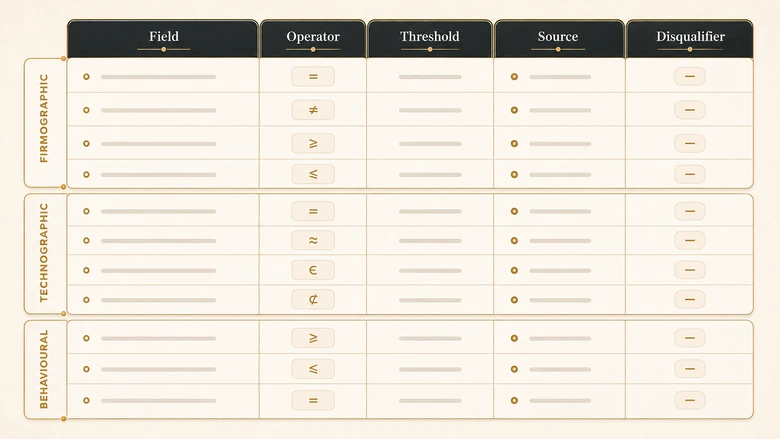Ideal customer profile worksheet showing firmographic, technographic and behavioural tiers with threshold and disqualifier columns