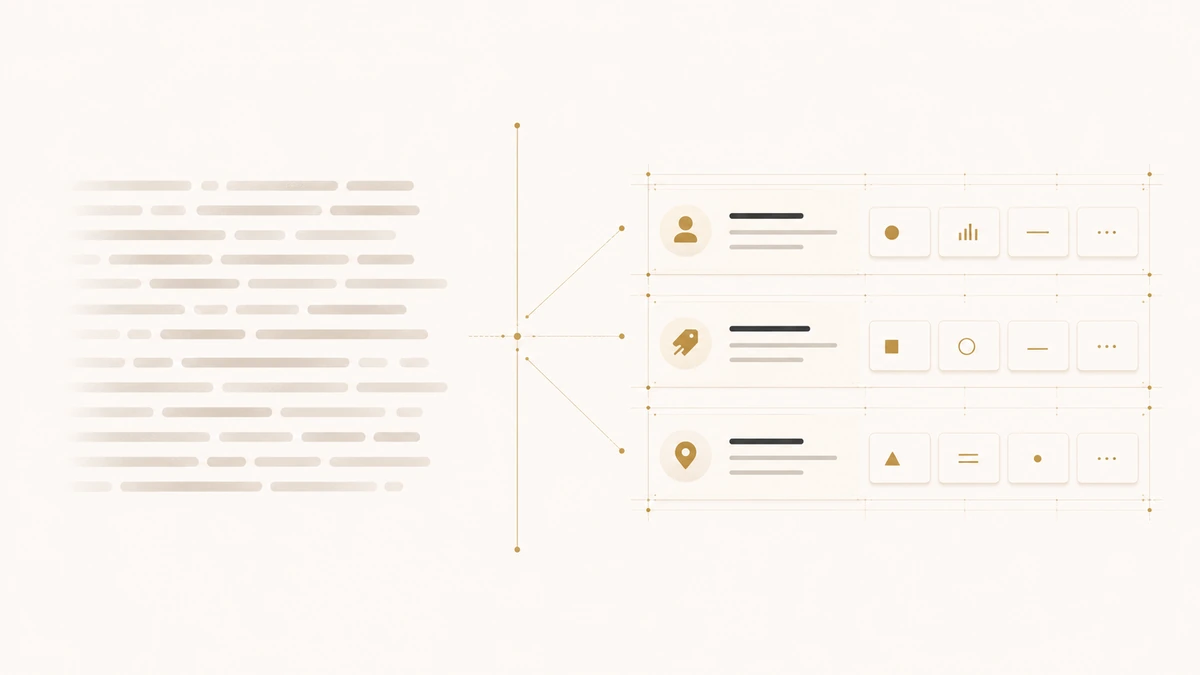 Ideal customer profile shown as loose narrative text resolving into a structured grid of filterable account attributes