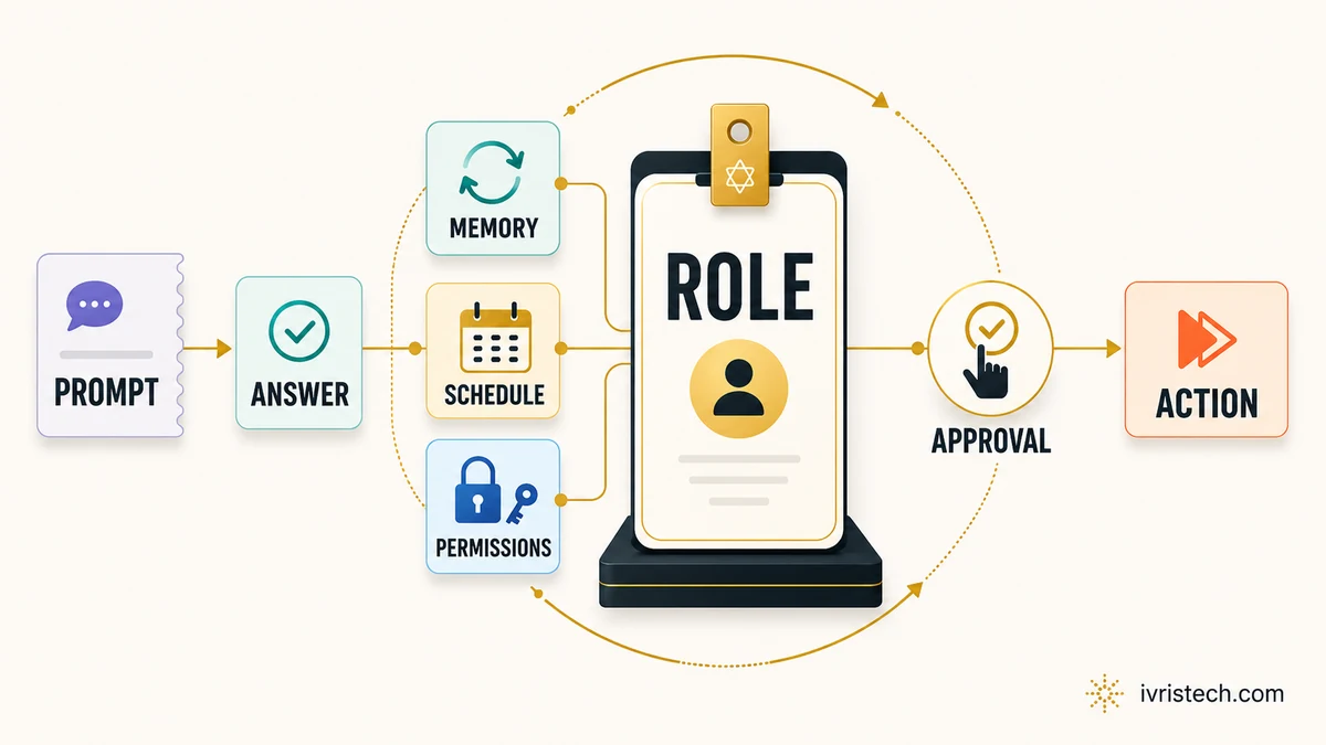 Illustration of a persistent AI role workflow showing prompt, answer, memory, schedule, permissions, human approval, and action.