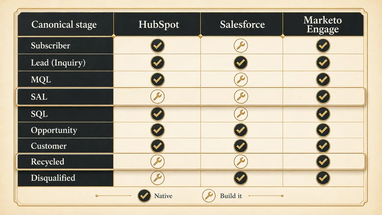 Cross-platform mapping of canonical lead lifecycle stages to HubSpot, Salesforce and Marketo Engage native fields