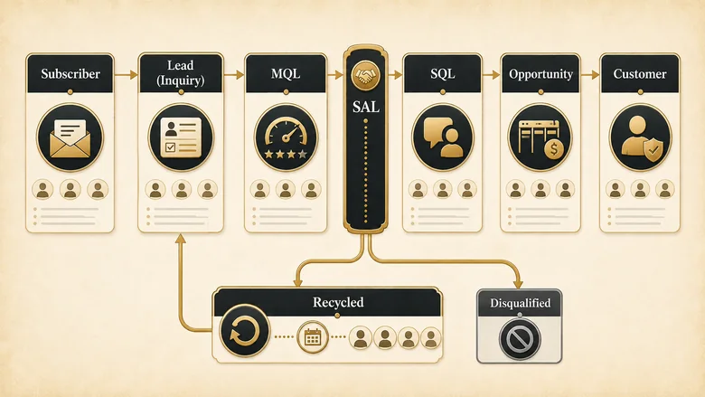 Lead lifecycle stages map showing Subscriber through Customer with the recycled return path and disqualified off-ramp