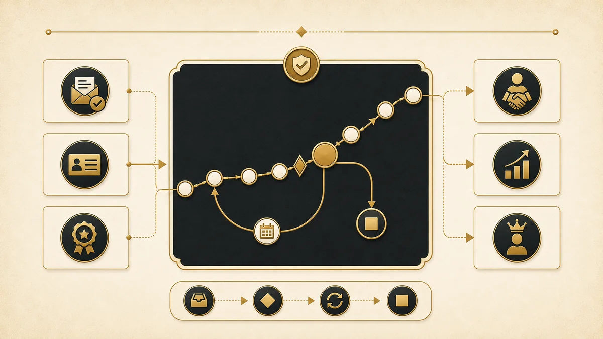 Lead lifecycle stages shown as a forward progression with a curved return path and a separate exit route